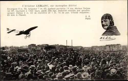 Ak Aviateur Leblanc, sur monoplan Blériot, Pilot, Flugpionier