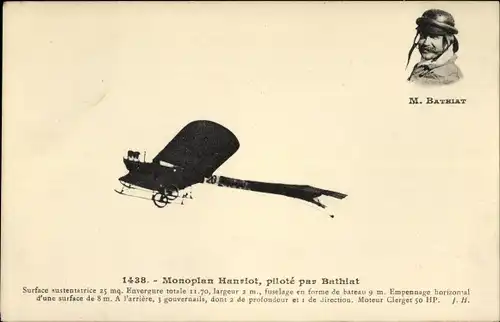 Ak Monoplan Hanriot, pilote par Bathiat, Flugzeug, Flugpionier