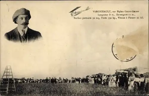 Ak Vergnieault, sur Biplan Goupy Gnome, Flugpionier
