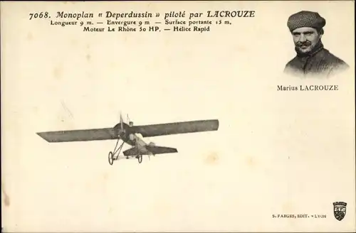 Ak Monoplan Depderdussin, pilote par Marius Lacrouze, Flugzeug, Flugpionier