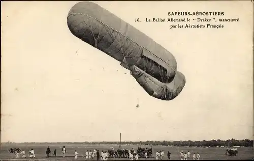 Ak Sapeurs Aerostiers, Le Ballon Allemand le Draken, manoeuvre par les Aerostiers Francais