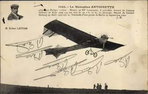 Ak L'Aviateur Hubert Latham sur son monoplan Antoinette, Flugpionier