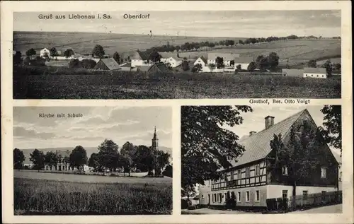 Ak Liebenau Geising Altenberg Erzgebirge, Oberdorf, Kirche mit Schule, Gasthof