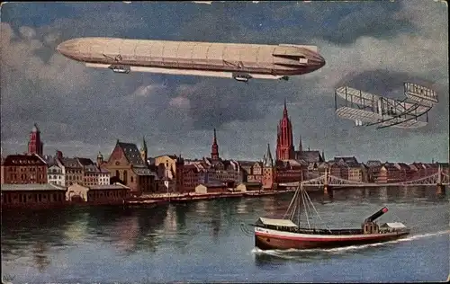 Ak Frankfurt am Main, Eiserner Steg, Zeppelin, Doppeldecker, Dampfer, ILA