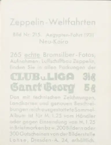 Sammelbild Zeppelin Weltfahrten Nr. 215 Aegypten-Fahrt 1931 Neu-Kairo