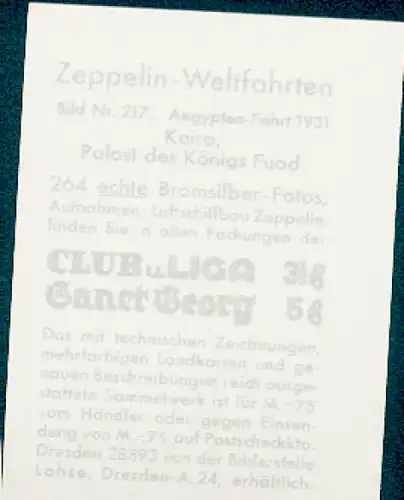 Sammelbild Zeppelin Weltfahrten Nr. 217 Aegypten-Fahrt 1931 Kairo, Palast des Königs Fuad