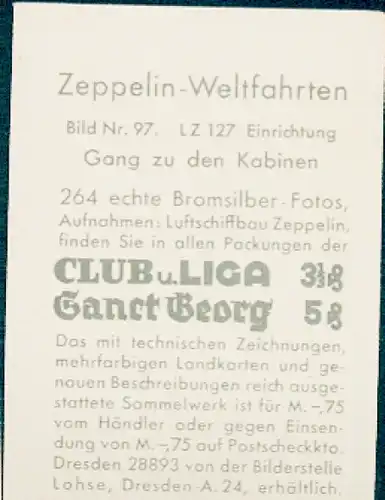 Sammelbild Zeppelin Weltfahrten Nr. 97 LZ 127 Einrichtung, Gang zu den Kabinen