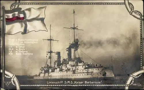 Ak Deutsches Kriegsschiff, Linienschiff SMS Kaiser Barbarossa, Kaiserliche Marine