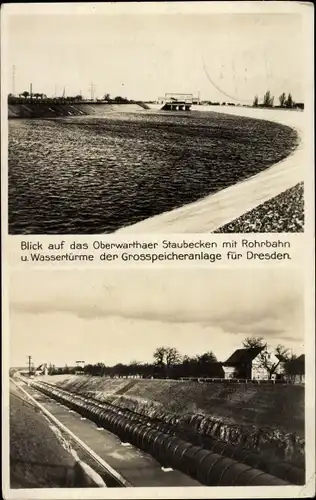 Ak Dresden Oberwartha, Staubecken mit Rohrbahn und Wassertürme der Großspeicheranlage