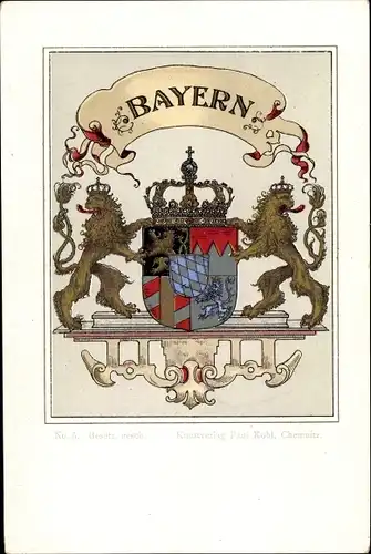 Wappen Ak Königreich Bayern, Kunstverlag Paul Kohl No. 5