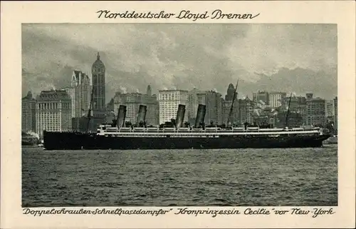 Ak New York City USA, Doppelschrauben-Schnellpostdampfer Kronprinzessin Cecilie NDL