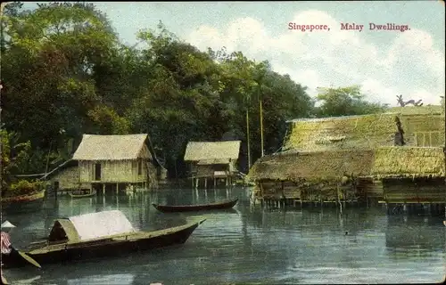 Ak Singapur, Malay Dwellings, Holzhütten auf Stelzen, Boote