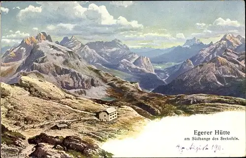 Künstler Ak Riesenreiter, R., Belluno Veneto, Egerer Hütte, Blick auf die Hohe Gaisl, Cristallo