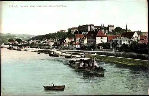 Ak Pirna in Sachsen, Flusspartie mit Dampfer und Schloss Sonnenstein