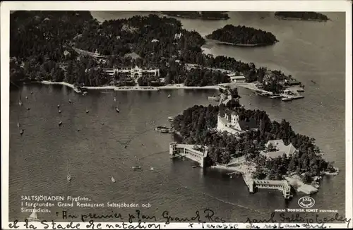 Ak Saltsjöbaden Schweden, Simstadion, Grand Restaurant, Fliegeraufnahme