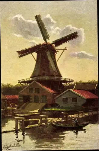 Künstler Ak Gerstenhauser, J. G., Hollandsche Molens, Niederländische Windmühle, Ruderboot