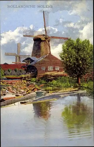 Ak Hollandsche Molens, Niederländische Windmühle, Partie am Wasser