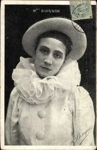 Ak Schauspielerin Mademoiselle Buisson als Harlekin, Portrait, Kostüm, Pierrot