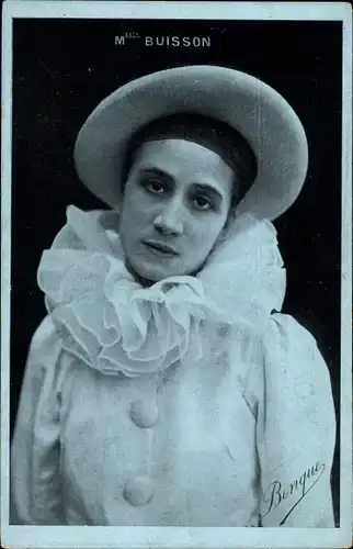 Ak Schauspielerin Mademoiselle Buisson als Harlekin, Portrait, Kostüm, Pierrot