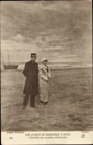 Ak König Albert von Belgien, Königin Elisabeth, Sur la Route de Dunkerque a Calais