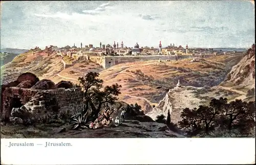 Künstler Ak Perlberg, F., Jerusalem Israel, Panorama, Stadtmauer