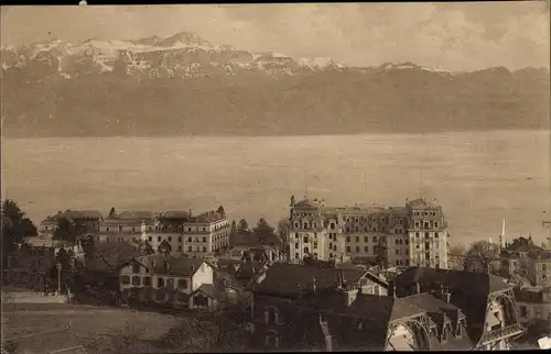 Ak Ouchy Lausanne Kanton Waadt, L'Hotel Beau-Rivage-Palace et les Alpes de Savoie