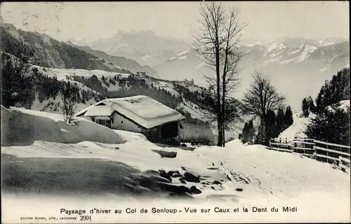 Ak Caux Montreux Kanton Waadt, Paysage d'hiver au Col de Sonloup, Dent du Midi