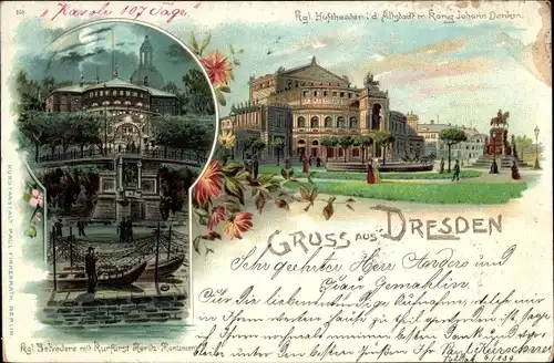 Litho Dresden Altstadt, Kgl. Belvedere, Kgl. Hoftheater, König Johann Denkmal