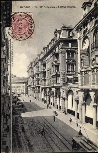 Ak Genova Genua Ligurien, Via XX. Settembre ed Hotel Bristol, Straßenbahn