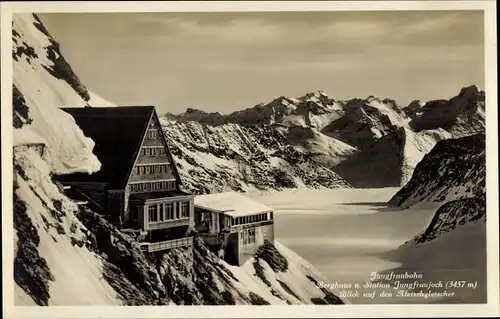 Ak Jungfraujoch Kanton Bern, Berghaus und Station, Alteschgletscher, Jungfraubahn