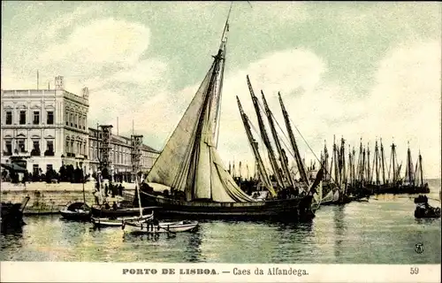 Ak Lisboa Lissabon Portugal, Caes da Alfandega, Blick auf den Hafen, Segelboote
