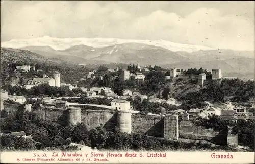Ak Granada Andalusien Spanien, La Alhambra y Sierra Nevada desde S. Cristobal