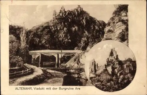 Ak Altenahr im Ahrtal, Viadukt mit der Burgruine Are
