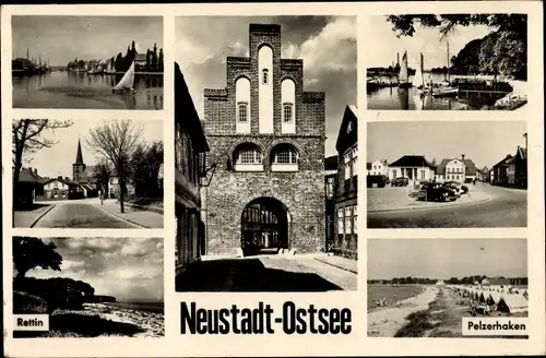 Ak Neustadt in Holstein Schleswig Holstein, Rettin, Pelzerhaken, Tor, Kirche, Hafen, Straßenpartie
