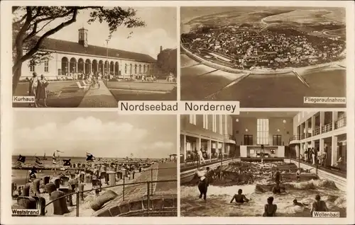 Ak Nordseebad Norderney Ostfriesland, Kurhaus, Wellenbad, Weststrand, Fliegeraufnahme