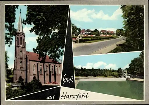 Ak Harsefeld in Niedersachsen, Kirche, Freibad, Straßenpartie