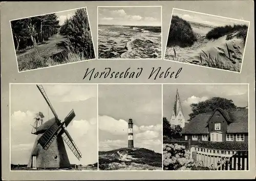 Ak Nebel auf der Insel Amrum Nordfriesland, Alte Mühle, Leuchtturm, St. Clemenskirche, Friesenhaus