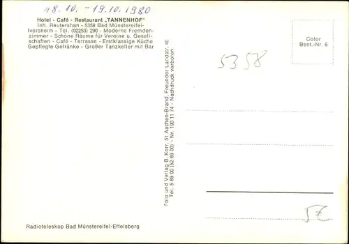 Ak Iversheim Bad Münstereifel in Nordrhein Westfalen, Hotel-Restaurant Tannenhof, Teleskop