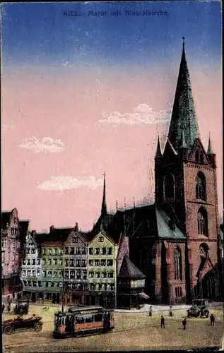 Ak Kiel, Markt mit Nikolaikirche, Tram