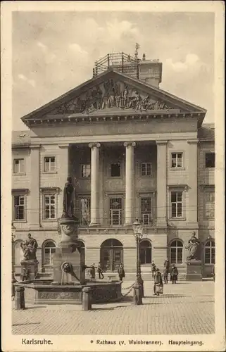 Ak Karlsruhe in Baden, Rathaus, Haupteingang, Brunnen