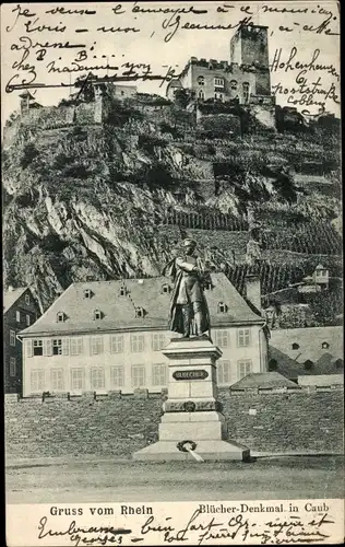 Ak Caub Kaub am Rhein, Blücher-Denkmal