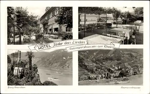 Ak Assmannshausen Rüdesheim am Rhein, Burg Rheinstein, Panorama, Hotel Unter den Linden