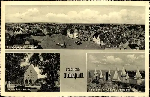 Ak Glückstadt an der Unterelbe, Panorama vom Ort, Bahnhof, Segelpartie aus dem Hafen