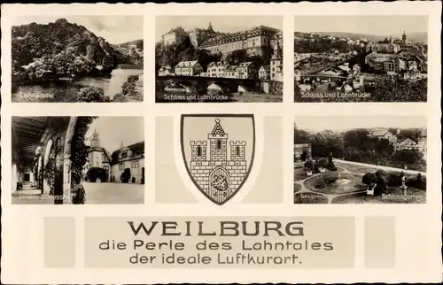 Ak Weilburg an der Lahn Hessen, Schlossgarten, Schloss und Lahnbrücke, Wappen