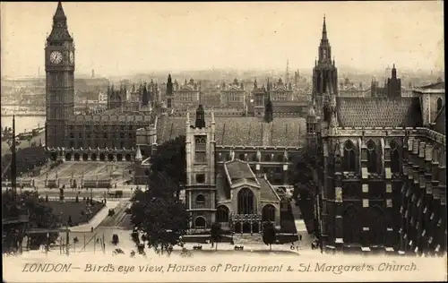 Ak London City England, Bird's eye view, Houses of Parliament & St. Margaret's Church