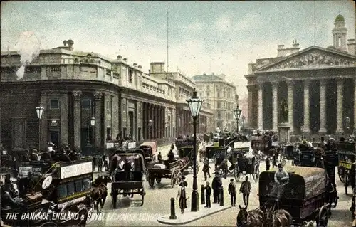 Ak London City England, The Bank of England, Royal Exchange, Platz, Pferdekutschen, Straßenansicht