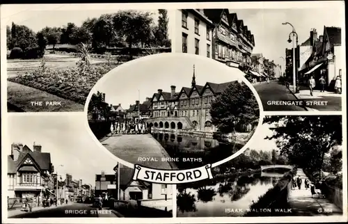 Ak Stafford West Midlands England, The Park, Greengate Street, Bridge Street, Royal Brine Bath
