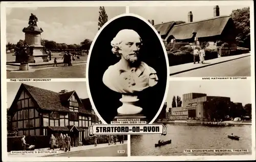 Ak Stratford upon Avon Warwickshire England, Shakespeare-Büste, Anne Hattaway's Cottage, Birthplace