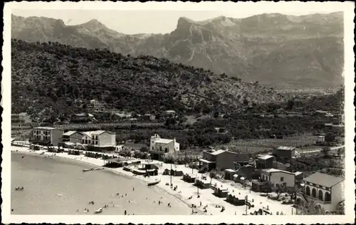 Ak Puerto Soller Mallorca Balearische Inseln, Luftbild vom Strand, Hotels