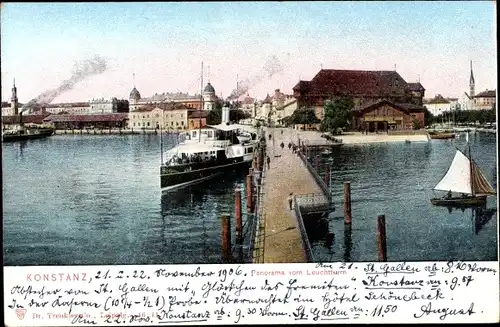 Ak Konstanz am Bodensee, Panorama vom Leuchtturm, Hafen, Dampfer